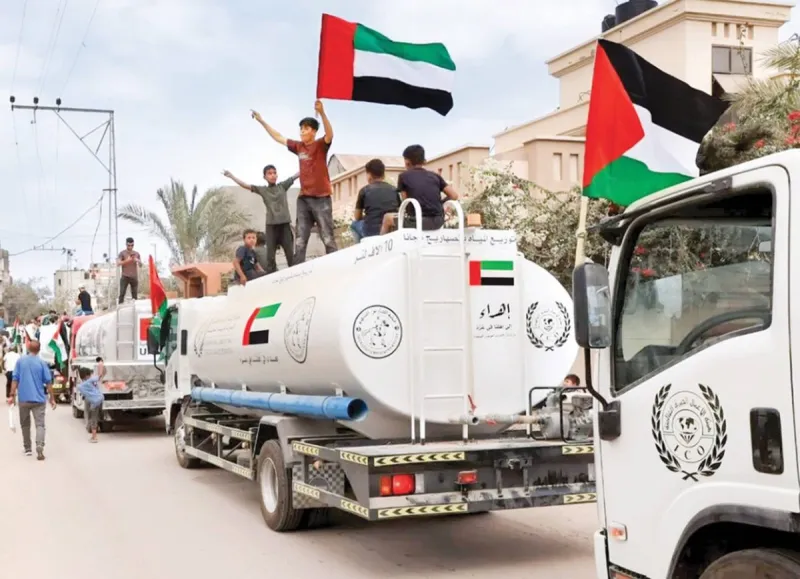UAE humanitarian aid workers distribute food parcels and relief supplies to Palestinians in the Gaza Strip as part of Operation Chivalrous Knight 3.