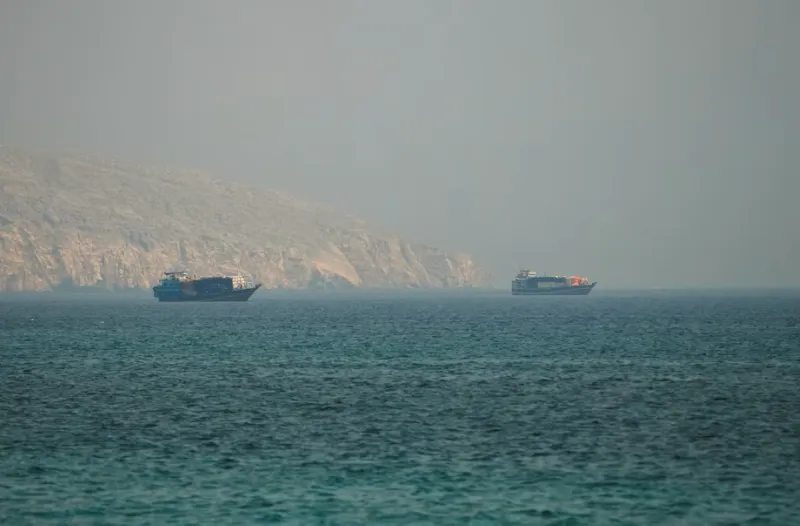 A ship navigates through the Strait of Hormuz, the strategic waterway at the centre of US-Iran tensions over maritime security.