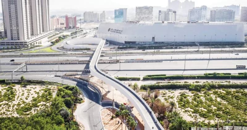 A busy Dubai road showing traffic lanes and road safety infrastructure managed by the Roads and Transport Authority.