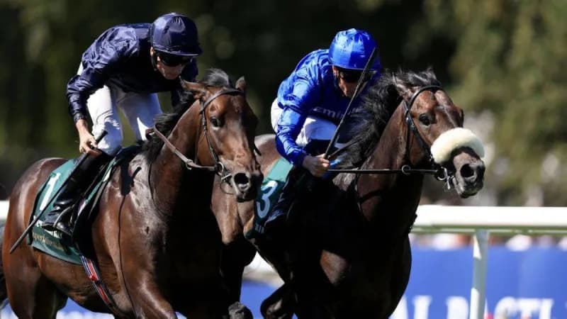 Al Hudaybah, the Godolphin colt trained by Charlie Appleby, surges to victory in the Superlative Stakes at Newmarket racecourse during the July Cup festival.