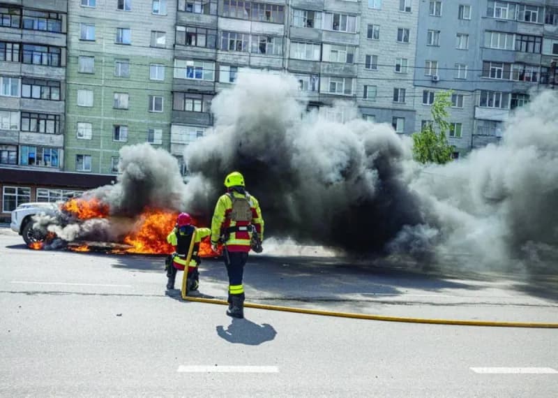 Explosions light up the sky over Kyiv during a Russian missile strike on the Ukrainian capital.