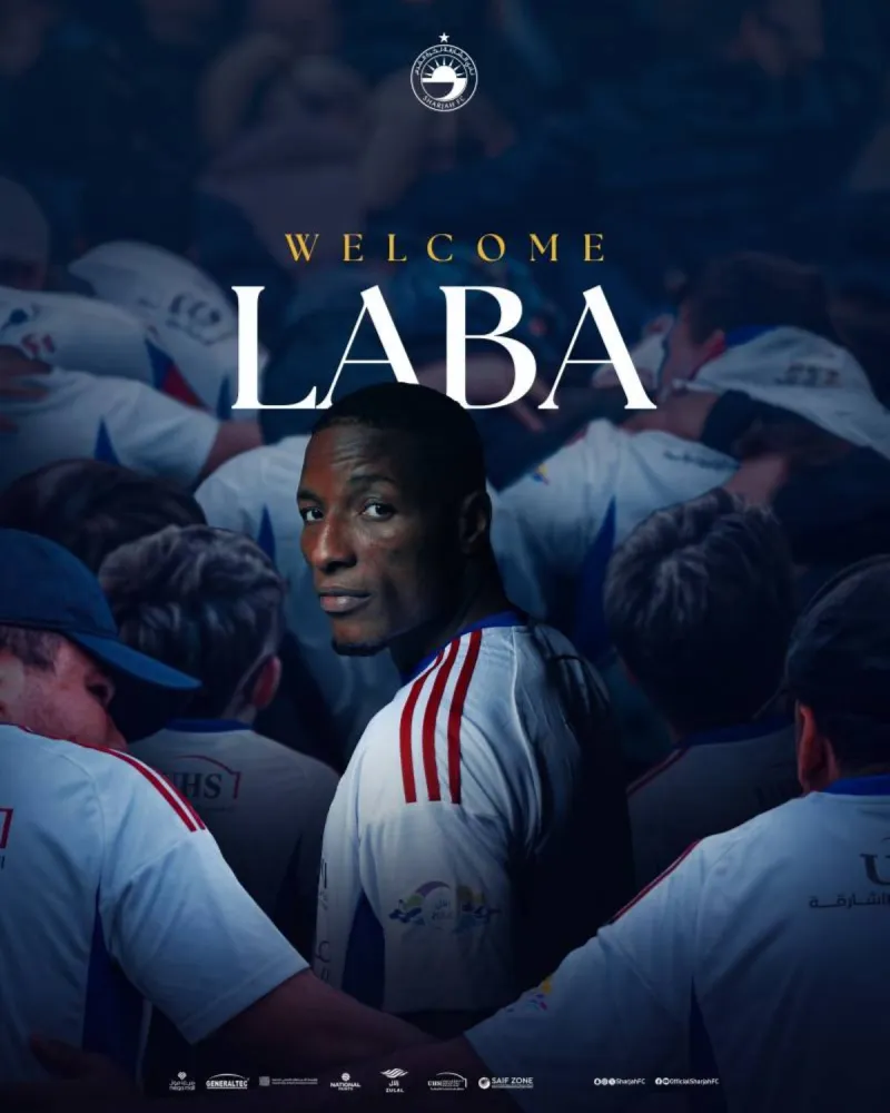 Togolese striker Laba Kodjo posing in his new Sharjah FC kit after completing his free transfer from Al Ain.