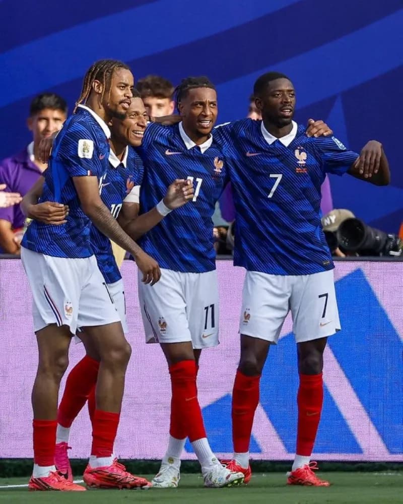 France's national football team players on the pitch during the 2026 World Cup, with Kylian Mbappé among those pictured.