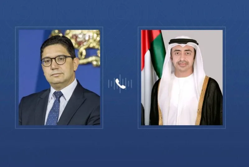 Sheikh Abdullah bin Zayed Al Nahyan speaking on a phone call with Moroccan Foreign Minister Nasser Bourita to discuss regional developments and bilateral relations.