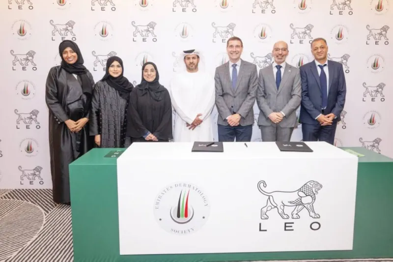 Representatives of the Emirates Dermatology Society and LEO Pharma sign a memorandum of understanding at the LEO Pharma regional office inauguration in Expo City Dubai.
