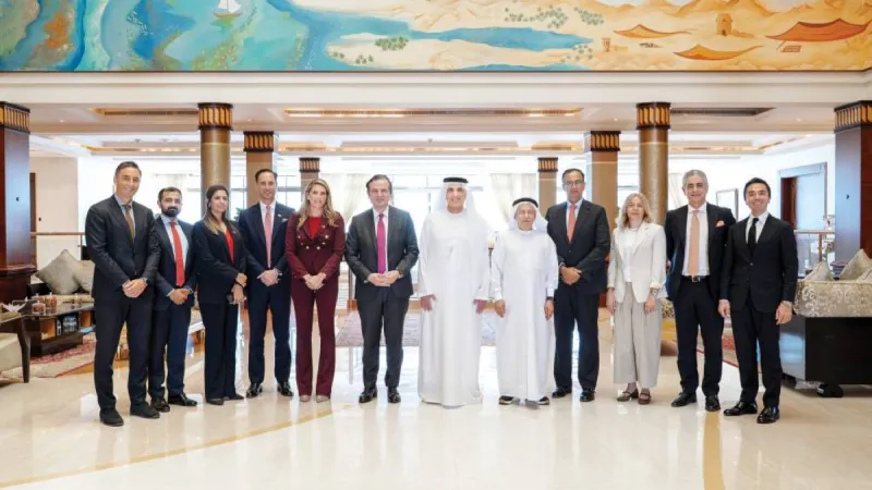 Sheikh Saud bin Saqr Al Qasimi receiving the delegation from the National Bank of Ras Al Khaimah and Mastercard at his palace in Saqr bin Mohammed City.