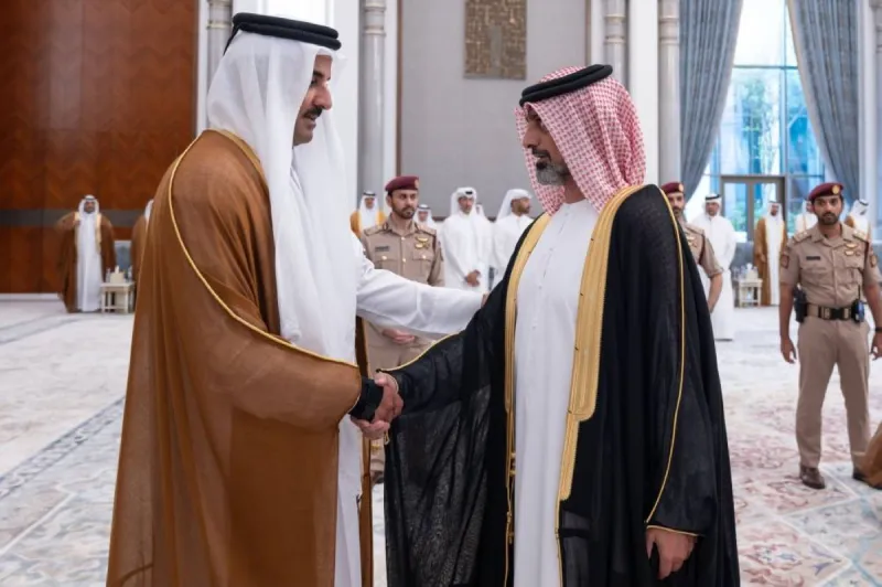 Sheikh Ammar bin Humaid Al Nuaimi, Crown Prince of Ajman, offering condolences to Qatar's Emir Sheikh Tamim bin Hamad Al Thani in Doha.