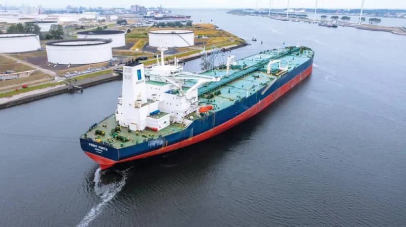 One of the two UAE national oil tankers targeted by Iranian cruise missiles while transiting the southern passage of the Strait of Hormuz in Omani territorial waters.