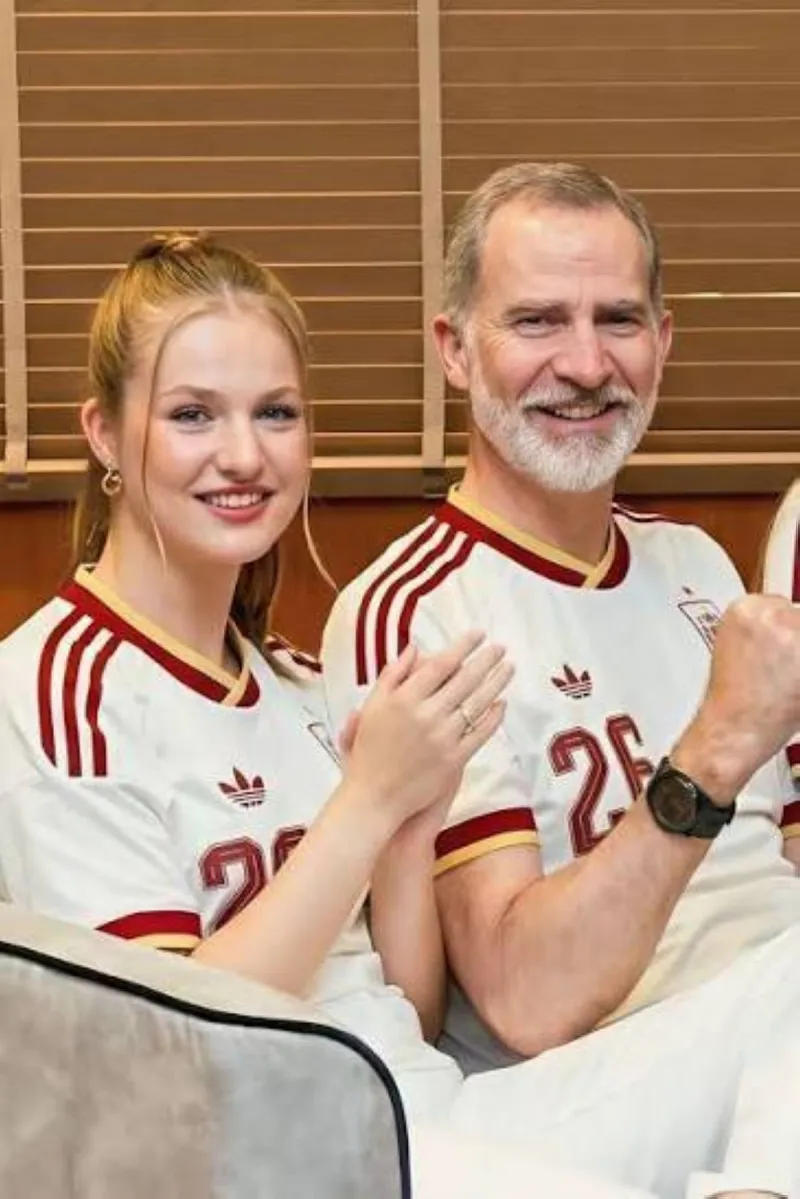King Felipe VI of Spain pictured at a football stadium alongside Queen Letizia and their daughters, Princesses Leonor and Sofía.