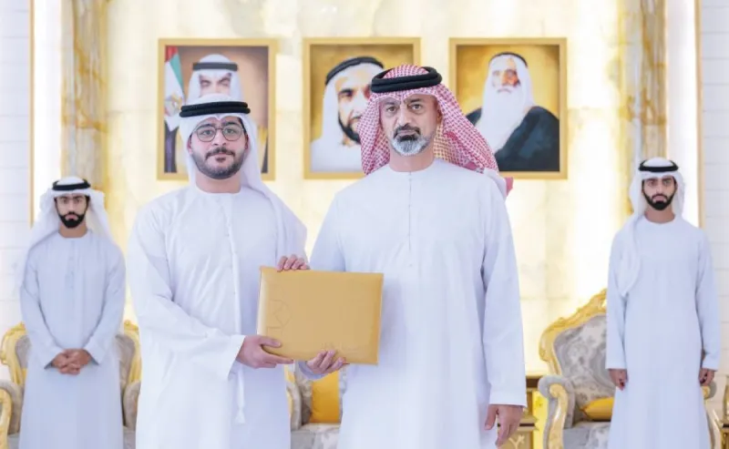 Sheikh Ammar bin Humaid Al Nuaimi, Crown Prince of Ajman, receives top secondary school students and their parents at the Amiri Court in Ajman.