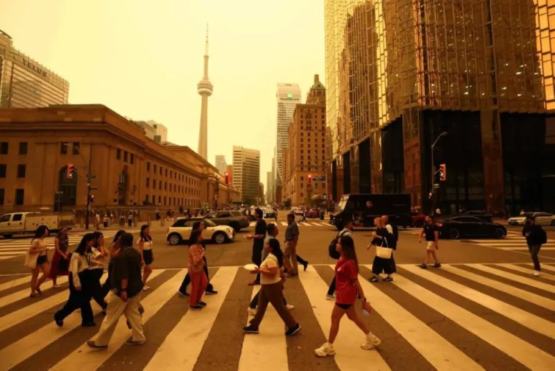 A hazy skyline over New York City shrouded in smoke from Canadian wildfires ahead of the World Cup final.