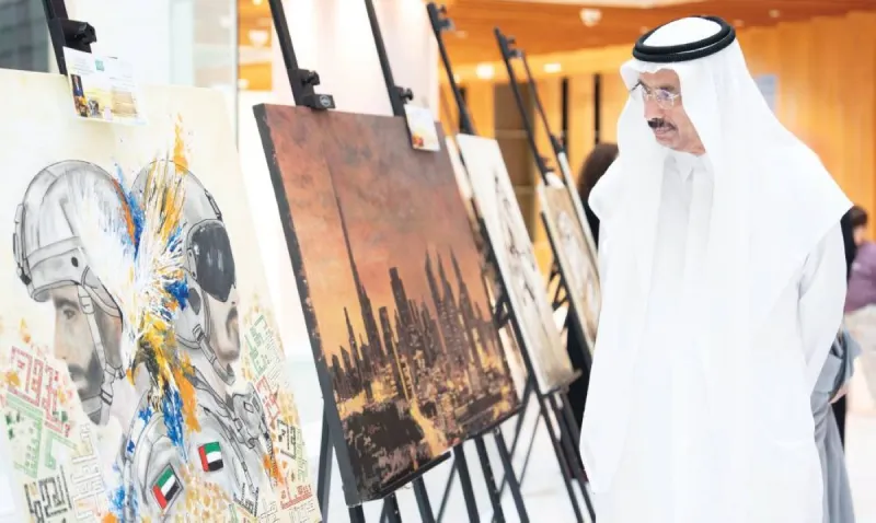 A view of the Mohammed bin Rashid Library art exhibition "Dubai Through the Eyes of Sheikh Mohammed bin Rashid", featuring artworks by more than 70 artists celebrating Sheikh Mohammed bin Rashid Al Maktoum's birthday.
