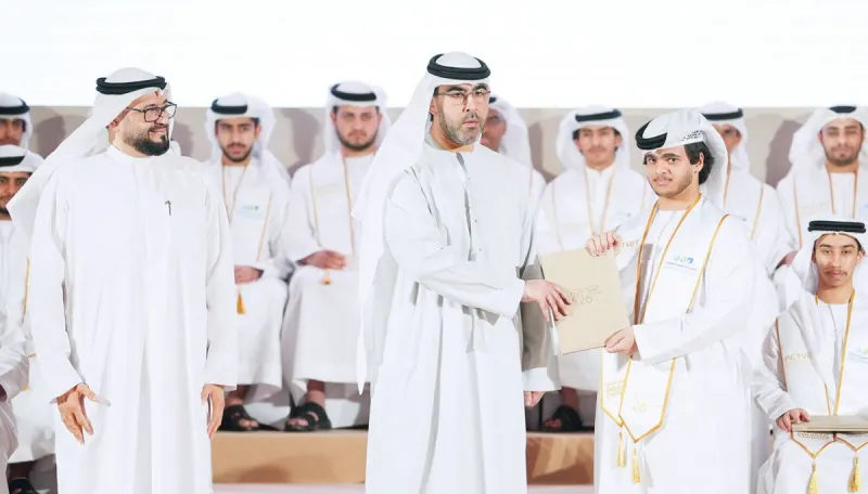 Sheikh Ahmed bin Saud bin Rashid Al Mualla, Deputy Ruler of Umm Al Quwain, presiding over the Applied Technology Schools graduation ceremony in the Falaj Al Mualla area.